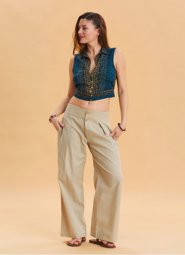 Pleated Bias Cut Buttoned Cream Bohemian Trousers 4465